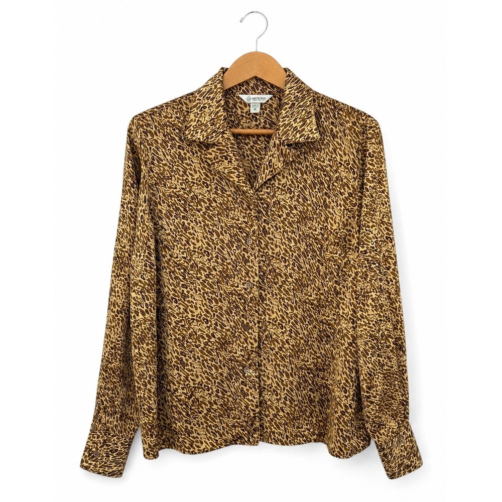 Austin Reed Silk Blouse Women 14 Brown Leopard Print Long Sleeve Button Down Top